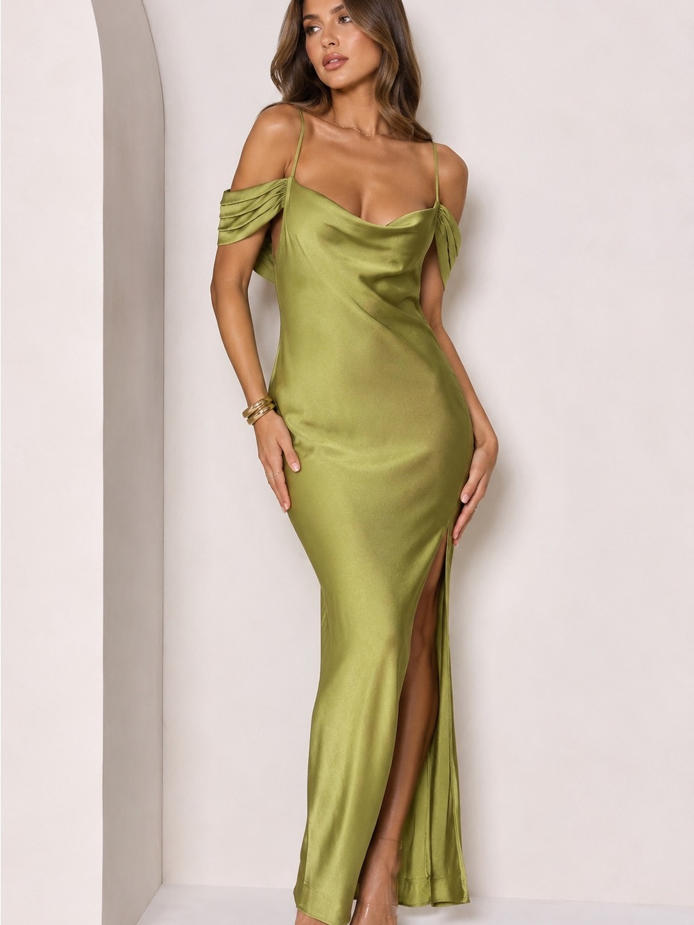 MESHKI Olive Satin Maxi Dress – Size Small